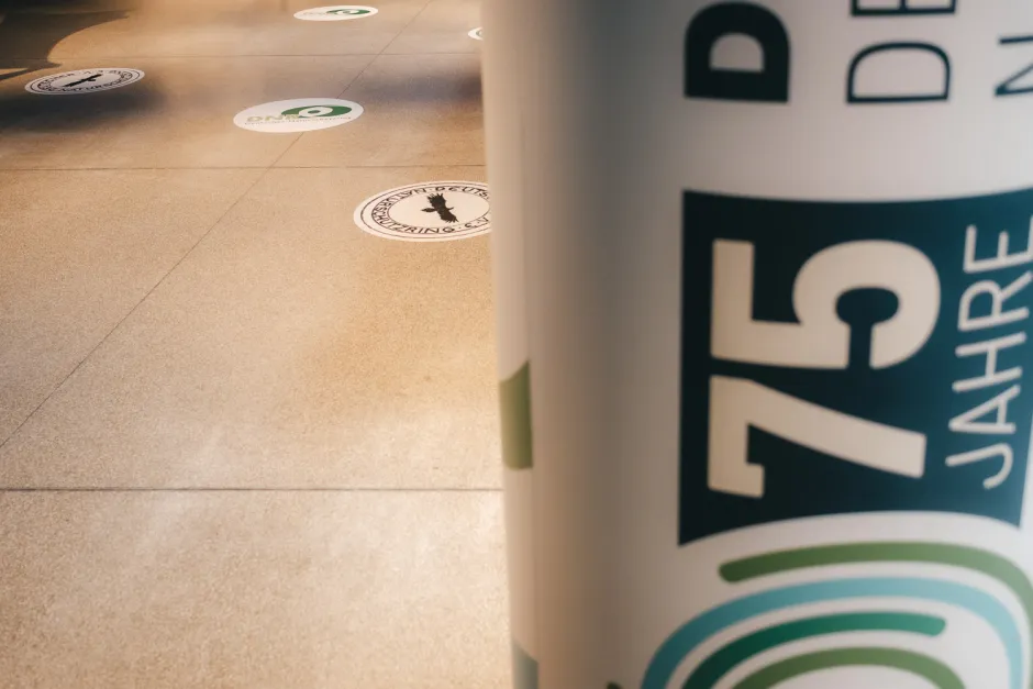 Blick auf die Säule 75 Jahre DNR und die auf dem Fußboden geklebten DNR-Logos im Wandel des Zeit